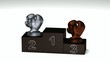 Boxing dark wood podium with trophies on a white floor Boxing dark wood podium with trophies on a white floor