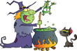 Crazy Witch With Black Cat Holding A Frog And Preparing A Potion