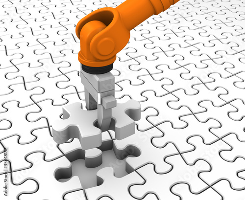 Illustration: Robot holding jigsaw puzzle piece Robot holding jigsaw puzzle piece
