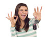 Ethnic Female with Car Keys and Okay Hand Sign on White