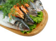 Seafood on cutting board isolated