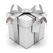 Gift box with silver ribbon bow and blank tag