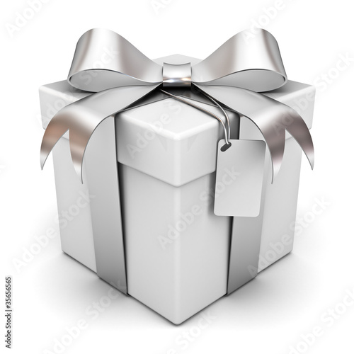 Illustration: Gift box with silver ribbon bow and blank tag Gift box with silver ribbon bow and blank tag