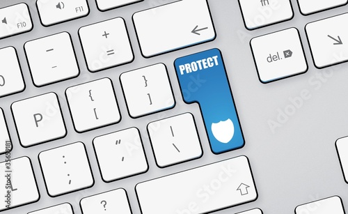 Illustration: Protect shield icon, button on white keyboard Protect shield icon, button on white keyboard
