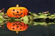 Calabaza de Halloween  reflejada en el bosque.