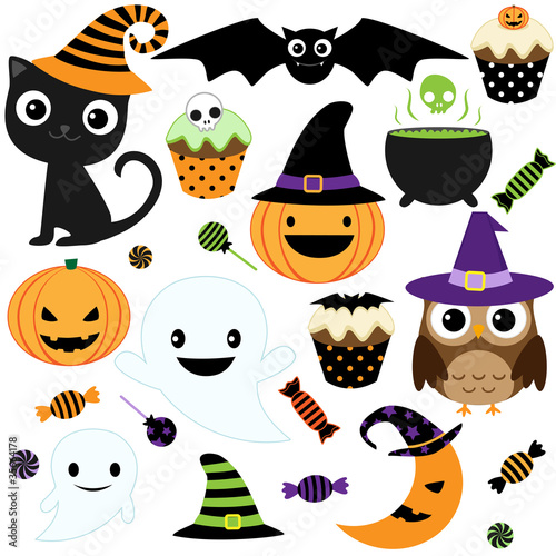 Vector: Set of cute vector Halloween elements, objects and icons Set of cute vector Halloween elements, objects and icons