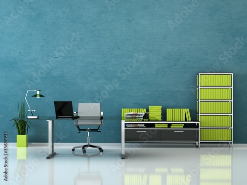 Foto: Bürodesign - Büro mit Schreibtisch blau grün Bürodesign - Büro mit Schreibtisch blau grün