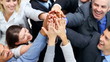 High angle view of business people giving high five