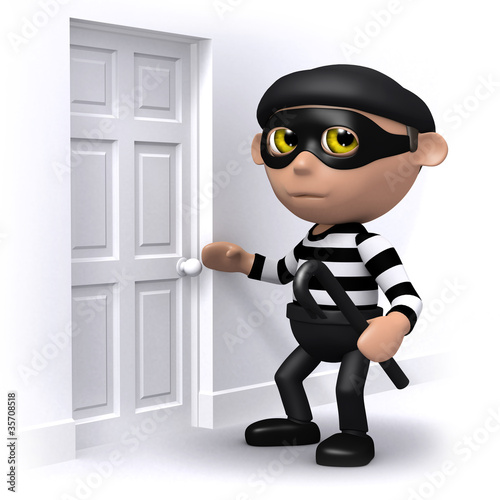 Illustration: 3d Burglar is checking the locks. 3d Burglar is checking the locks.