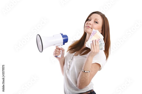 Foto: young woman with a megaphone and money (white background) young woman with a megaphone and money (white background)
