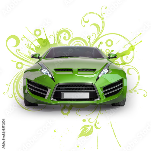  Green hybrid car on a abstract floral background. Non-branded co