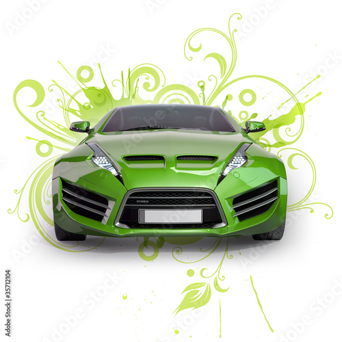 Green hybrid car on a abstract floral background. Non-branded co