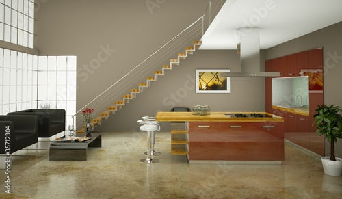 Illustration: Küchendesign - Küche im Loft rot Küchendesign - Küche im Loft rot