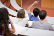 Young student raising his hand while his classmates are taking n