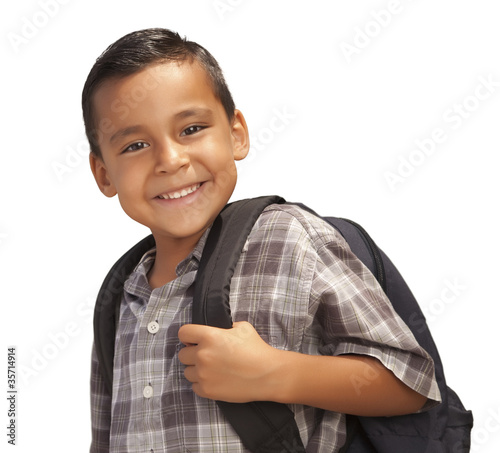 Photo: Happy Young Hispanic Boy Ready for School on White Happy Young Hispanic Boy Ready for School on White