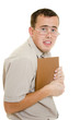 The man in glasses with a book.