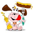 A cartoon dog with sausage & bottle of mustard