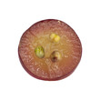 Translucent slice of red grape fruit, macro isolated on white