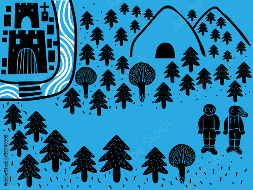 Vector: a walkers ind a forest route and castle town a walkers ind a forest route and castle town