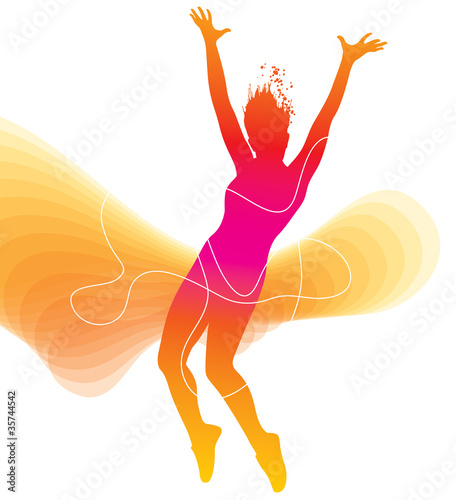 Vector: The dancer. Colorful silhouette with lines and sprays on abstrac The dancer. Colorful silhouette with lines and sprays on abstrac