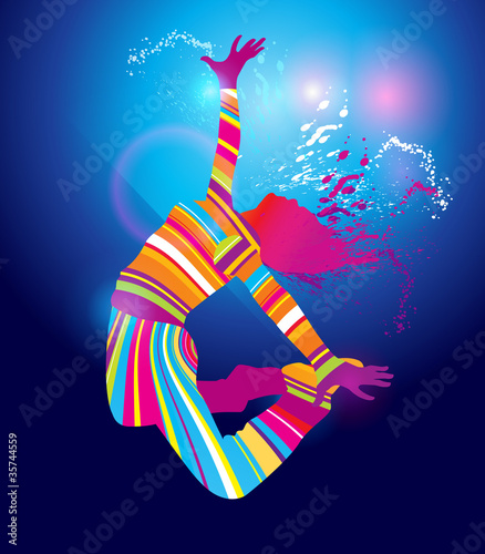 Vector: The colorful dancing girl on blue background. Vector The colorful dancing girl on blue background. Vector
