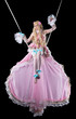 Pretty girl in fary-tale doll costume fly in dark Pretty girl in fary-tale doll costume fly in dark