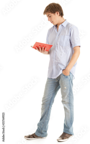 Photo: reading young male student with book, white background reading young male student with book, white background