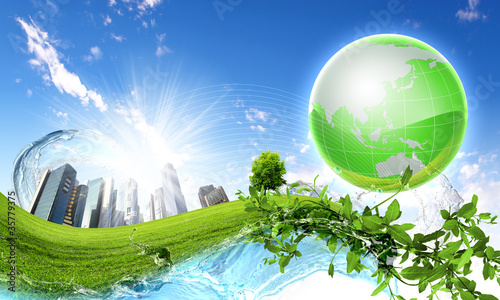 Illustration: Green planet against blue sky and clean nature Green planet against blue sky and clean nature
