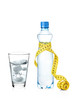Measure tape wrapped around a bottle and glass of water
