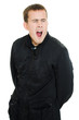 Lazy man yawns on a white background.