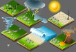 isometric natural disaster, earthquake and eruption