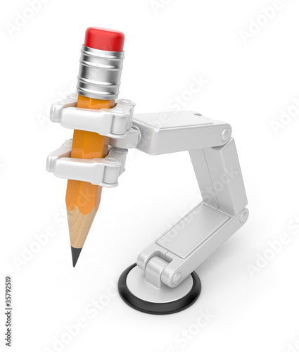 Illustration: Robotic hand holding pencil 3d. Artificial intelligence. Isolate Robotic hand holding pencil 3d. Artificial intelligence. Isolate