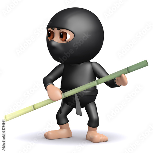 Illustration: 3d Ninja holds a sturdy bamboo pole. 3d Ninja holds a sturdy bamboo pole.