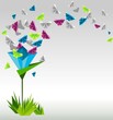 Origami  abstract background. Paper butterflies and flower.