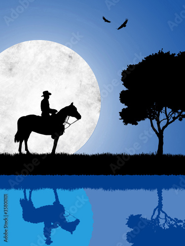 Illustration: Cowboy on the lake on a moonlight night Cowboy on the lake on a moonlight night