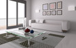 Interno con divani e finestra rendering 3d