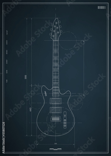 Vector: blueprint electric guitar with the dimensions on paper blueprint electric guitar with the dimensions on paper