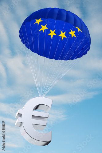 Illustration: Parachute with the EU flag on it holding a Euro currency symbol Parachute with the EU flag on it holding a Euro currency symbol