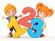 3D render of school kids with 123