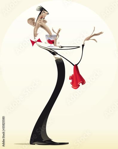 Vector: Funny waiter with red wine. Cartoon and vector illustration. Funny waiter with red wine. Cartoon and vector illustration.