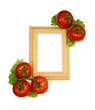 wooden frame and frech tomatoes isolated on white background