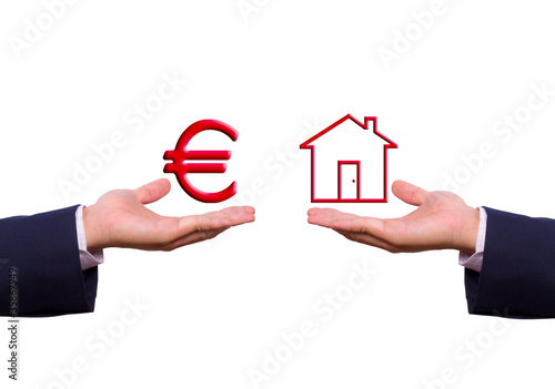 Photo: hand exchange euro sign and house icon hand exchange euro sign and house icon