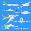 Set of different views of airplane airbus isolated on blue
