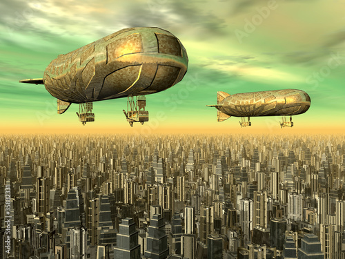 Illustration: Megacity mit Luftschiffen Megacity mit Luftschiffen