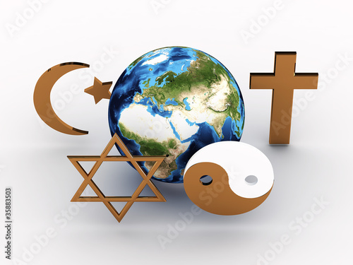 Illustration: Religious symbols of our planet. 3D image Religious symbols of our planet. 3D image