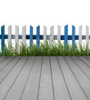 Wooden floor with fence and green grass on white background