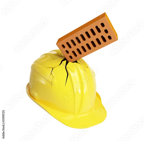 Photo: brick crashed through a construction helmet brick crashed through a construction helmet