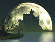 Halloween illustration of spooky castle on moon background