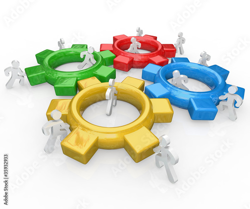 Illustration: Team of People Push Gears Together Teamwork Success Team of People Push Gears Together Teamwork Success