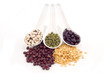 dry legumes on three white spoon